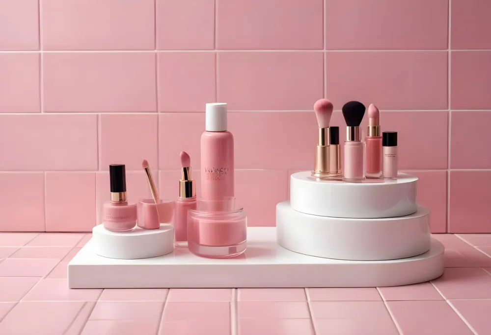 A Jar Of Makeup On Top Of Three White Platforms In A Pink Tiled Bathroom The Background Is Pink Tiles And The Floor Is White 22 502d