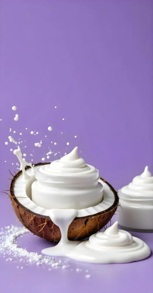 A Jar Of White Cream Inside A Half Coconut With Water Splashing Another Jar Of Cream On The Right Purple Background 16 0066