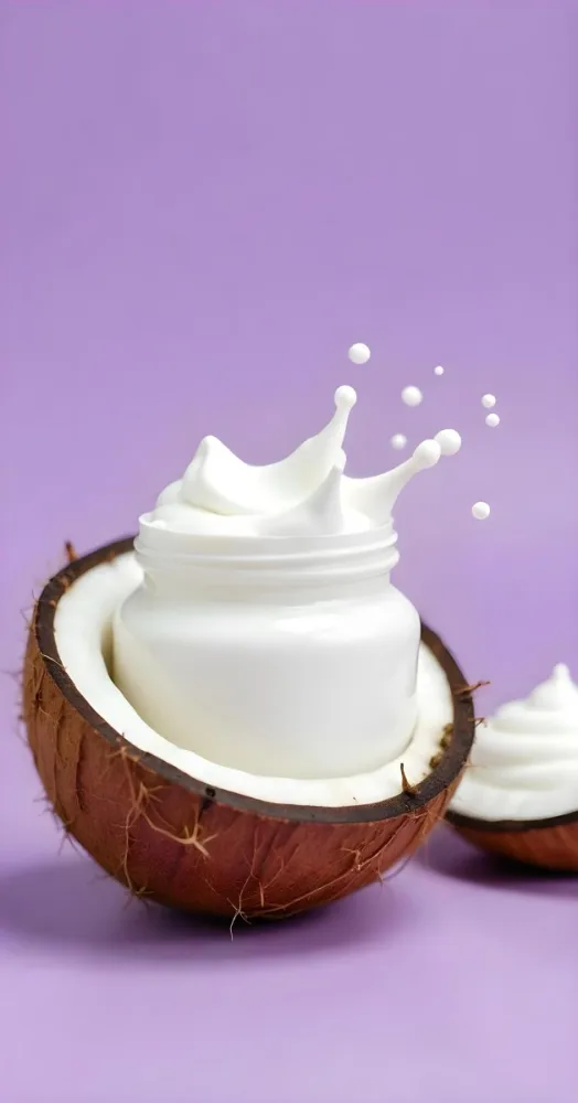A Jar Of White Cream Inside A Half Coconut With Water Splashing Another Jar Of Cream On The Right Purple Background 21 650c