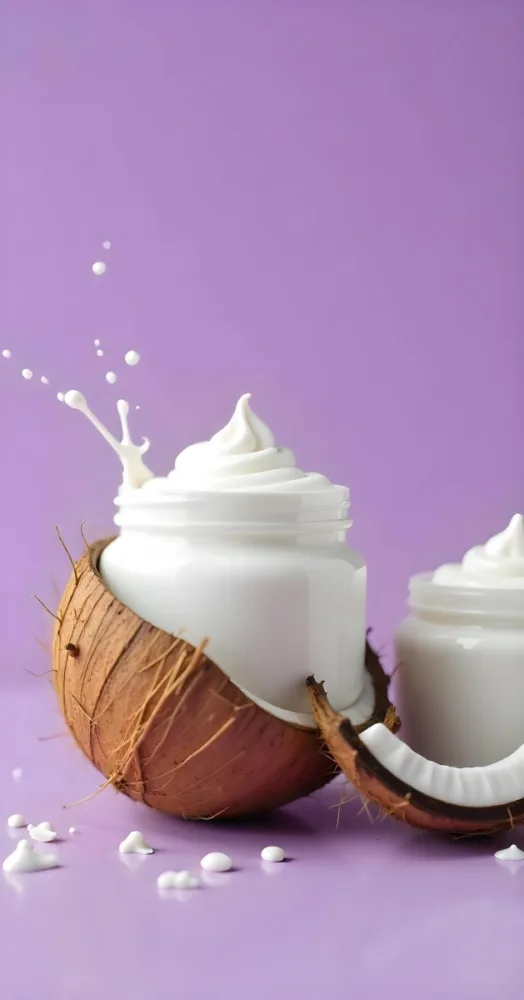 A Jar Of White Cream Inside A Half Coconut With Water Splashing Another Jar Of Cream On The Right Purple Background 24 Bbb1