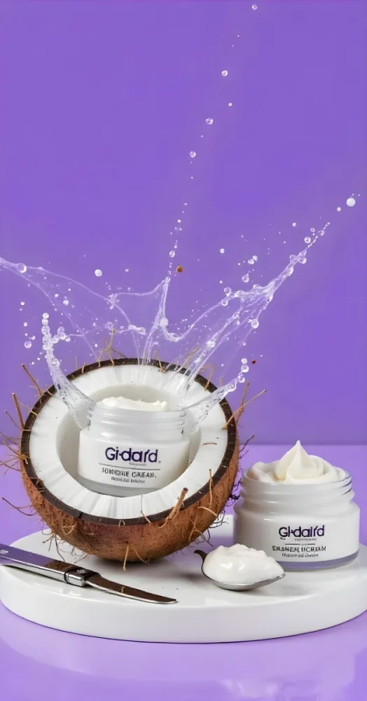 A Jar Of White Cream Inside A Half Coconut With Water Splashing Another Jar Of Cream On The Right Purple Background 4 9fd6