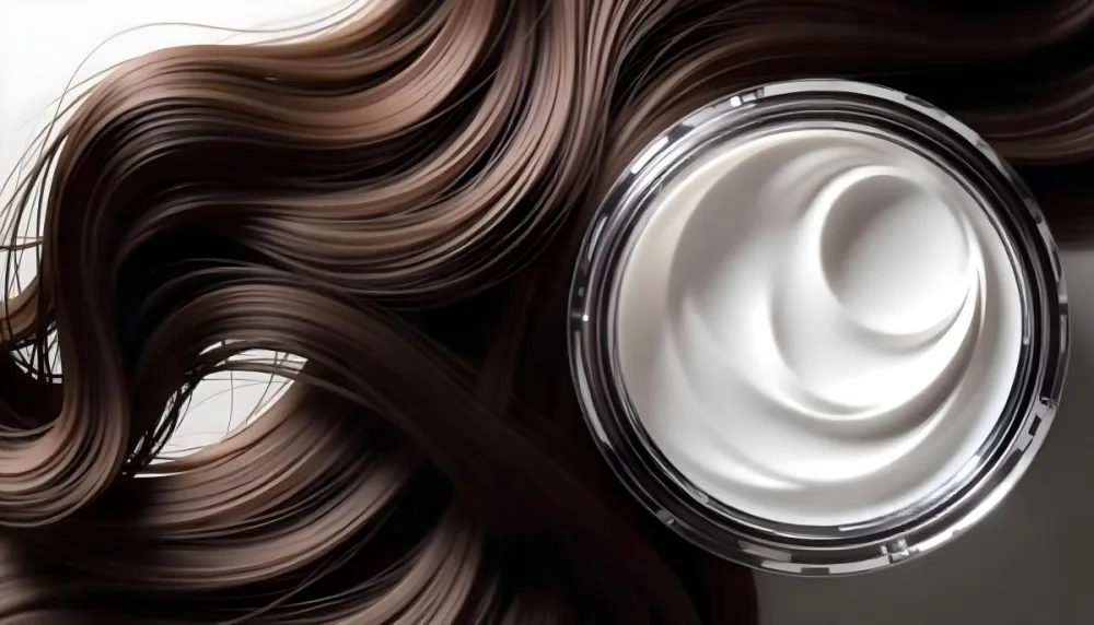 A Jar Of White Cream Next To Long Wavy Brown Hair The Jar Is On The Right Side Of The Image And The Hair Is On The Left Side 1 1341