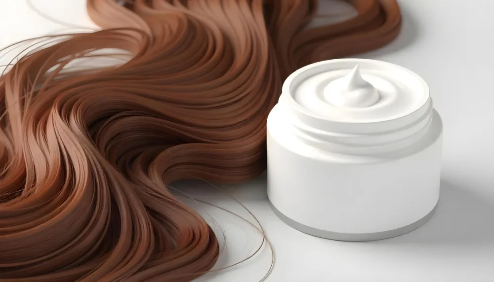 A Jar Of White Cream Next To Long Wavy Brown Hair The Jar Is On The Right Side Of The Image And The Hair Is On The Left Side 13 669b