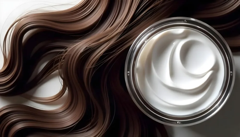 A Jar Of White Cream Next To Long Wavy Brown Hair The Jar Is On The Right Side Of The Image And The Hair Is On The Left Side 14 66ab