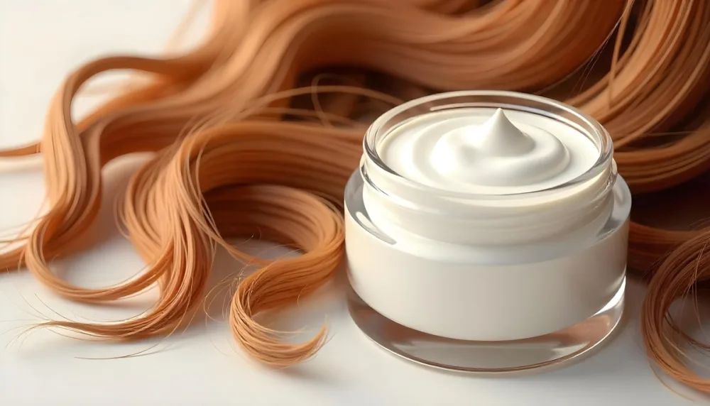 A Jar Of White Cream Next To Long Wavy Brown Hair The Jar Is On The Right Side Of The Image And The Hair Is On The Left Side 15 B922