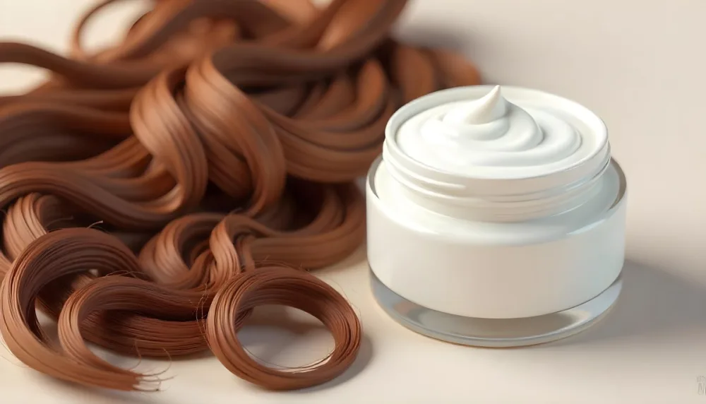 A Jar Of White Cream Next To Long Wavy Brown Hair The Jar Is On The Right Side Of The Image And The Hair Is On The Left Side 19 Be59