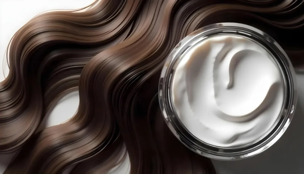 A Jar Of White Cream Next To Long Wavy Brown Hair The Jar Is On The Right Side Of The Image And The Hair Is On The Left Side 20 83a8