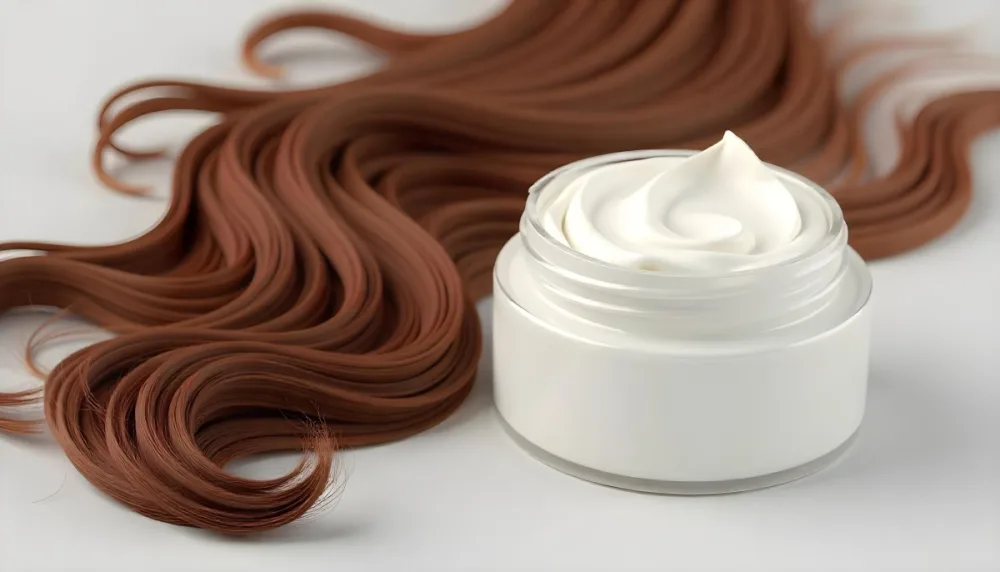 A Jar Of White Cream Next To Long Wavy Brown Hair The Jar Is On The Right Side Of The Image And The Hair Is On The Left Side 21 3d21