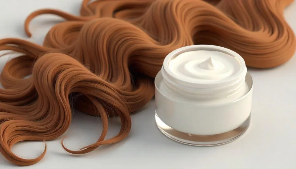 A Jar Of White Cream Next To Long Wavy Brown Hair The Jar Is On The Right Side Of The Image And The Hair Is On The Left Side 24 A888