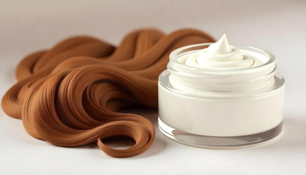 A Jar Of White Cream Next To Long Wavy Brown Hair The Jar Is On The Right Side Of The Image And The Hair Is On The Left Side 27 0588