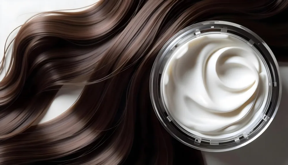 A Jar Of White Cream Next To Long Wavy Brown Hair The Jar Is On The Right Side Of The Image And The Hair Is On The Left Side 34 2ed4