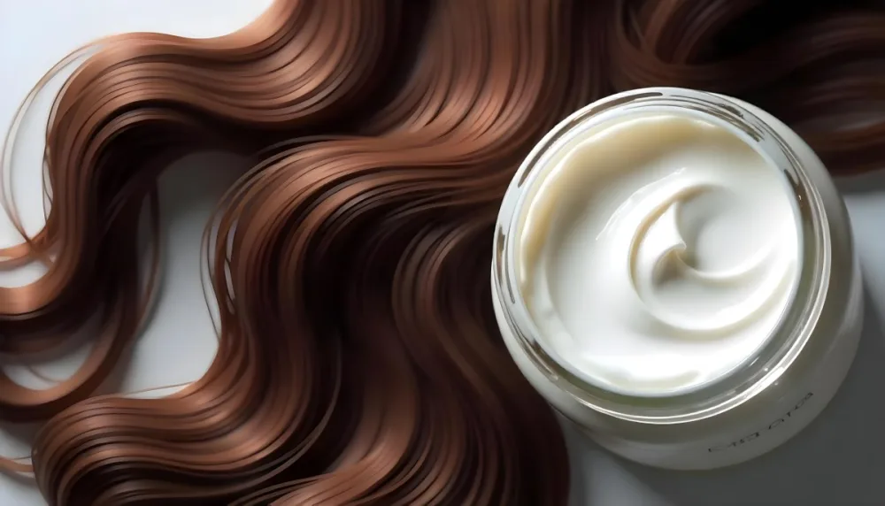 A Jar Of White Cream Next To Long Wavy Brown Hair The Jar Is On The Right Side Of The Image And The Hair Is On The Left Side 35 A1c4