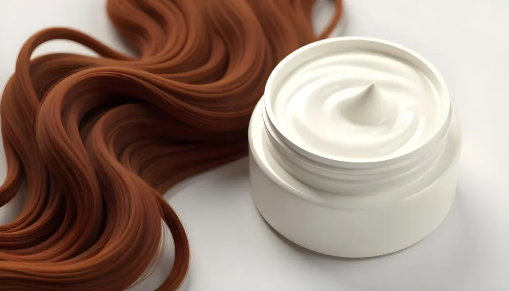 A Jar Of White Cream Next To Long Wavy Brown Hair The Jar Is On The Right Side Of The Image And The Hair Is On The Left Side 7 7702