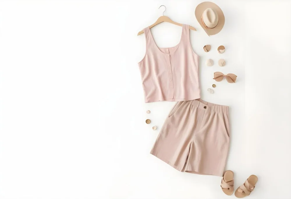 A Light Pink Sleeveless Top With Buttons Paired With Beige Linen Shorts And Light Pink Slide Sandals There Are Also Some Round Decorative Items And A Delicate Bracelet Scattered Nearby On A White Background 3 207f