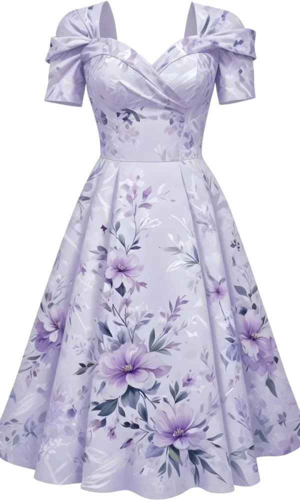 A Light Purple Dress With A Floral Pattern Off The Shoulder Sleeves And A Fitted Bodice Against A White Background 1 Bc32
