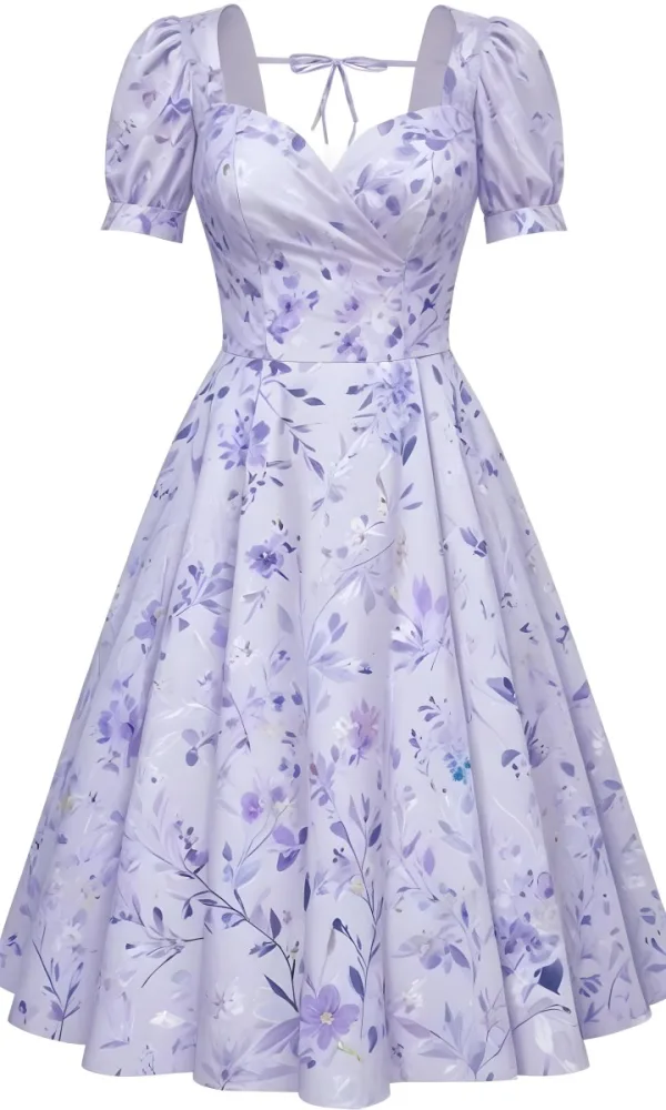A Light Purple Dress With A Floral Pattern Off The Shoulder Sleeves And A Fitted Bodice Against A White Background 15