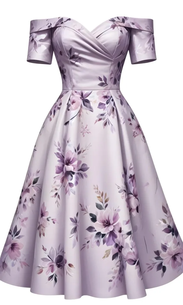 A Light Purple Dress With A Floral Pattern Off The Shoulder Sleeves And A Fitted Bodice Against A White Background 22