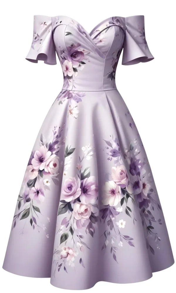 A Light Purple Dress With A Floral Pattern Off The Shoulder Sleeves And A Fitted Bodice Against A White Background 23 83fe
