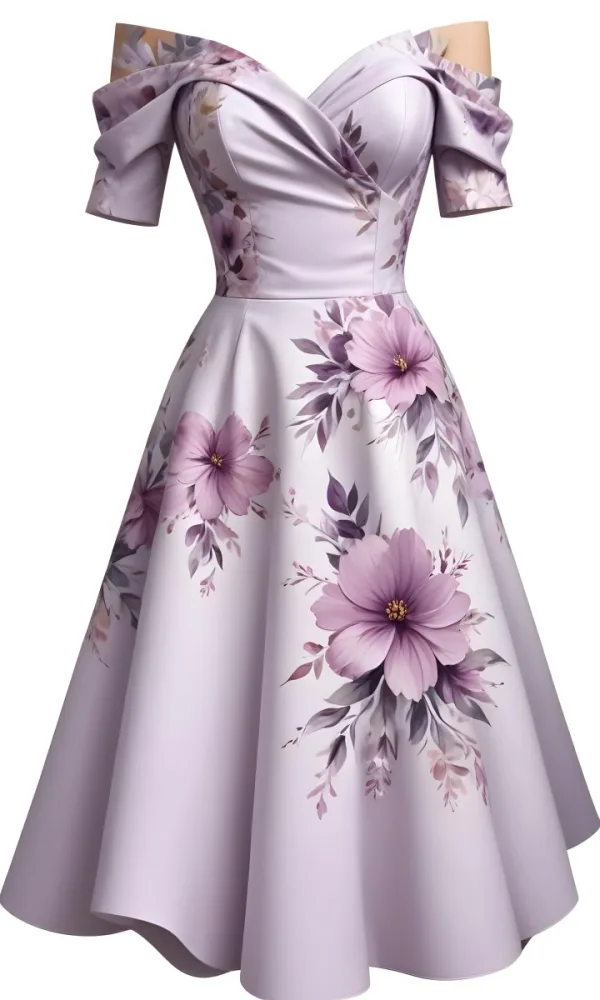 A Light Purple Dress With A Floral Pattern Off The Shoulder Sleeves And A Fitted Bodice Against A White Background 27 43f9