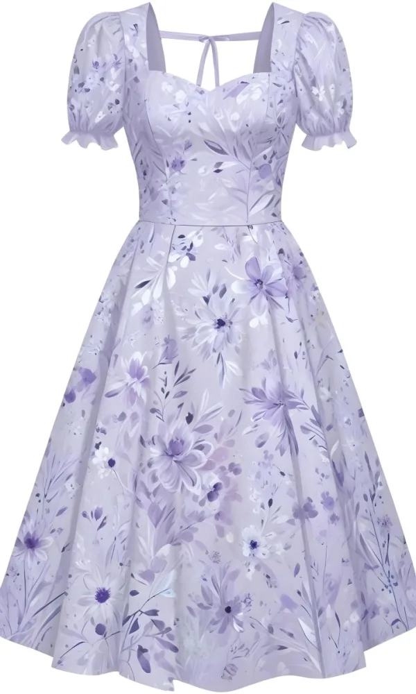 A Light Purple Dress With A Floral Pattern Off The Shoulder Sleeves And A Fitted Bodice Against A White Background 5