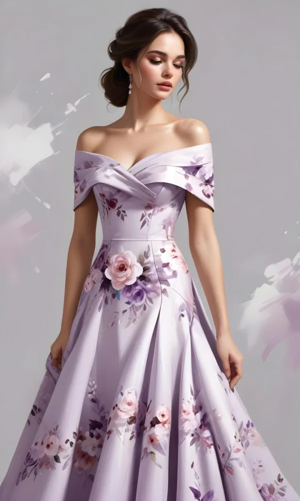 A Light Purple Dress With A Floral Pattern Off The Shoulder Sleeves And A Fitted Bodice Against A White Background 6