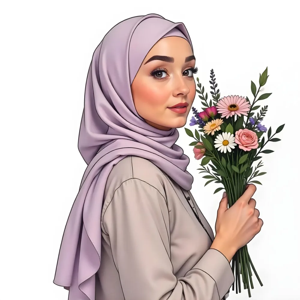 A Light Skinned Arab Woman Age 25 With A White Hijab Holding A Bouquet Of Flowers White Shirt In A White Background 11 C4ea