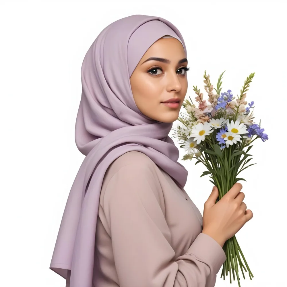 A Light Skinned Arab Woman Age 25 With A White Hijab Holding A Bouquet Of Flowers White Shirt In A White Background 11 D5fb