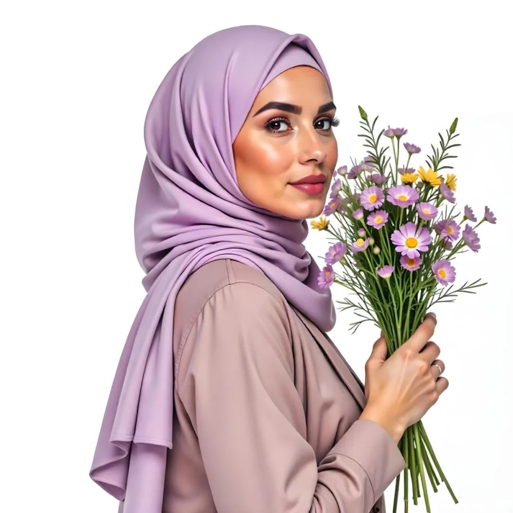 A Light Skinned Arab Woman Age 25 With A White Hijab Holding A Bouquet Of Flowers White Shirt In A White Background 14 Fc72