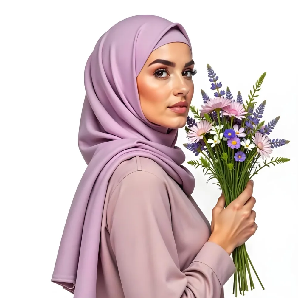 A Light Skinned Arab Woman Age 25 With A White Hijab Holding A Bouquet Of Flowers White Shirt In A White Background 16 30a5