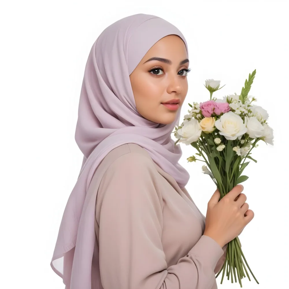 A Light Skinned Arab Woman Age 25 With A White Hijab Holding A Bouquet Of Flowers White Shirt In A White Background 16 Cbf6