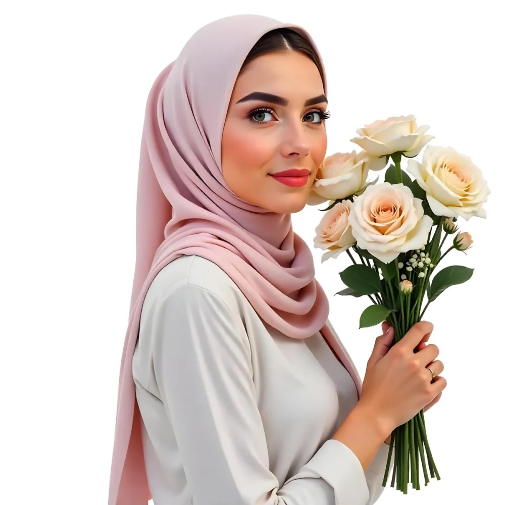 A Light Skinned Arab Woman Age 25 With A White Hijab Holding A Bouquet Of Flowers White Shirt In A White Background 18 C7a7