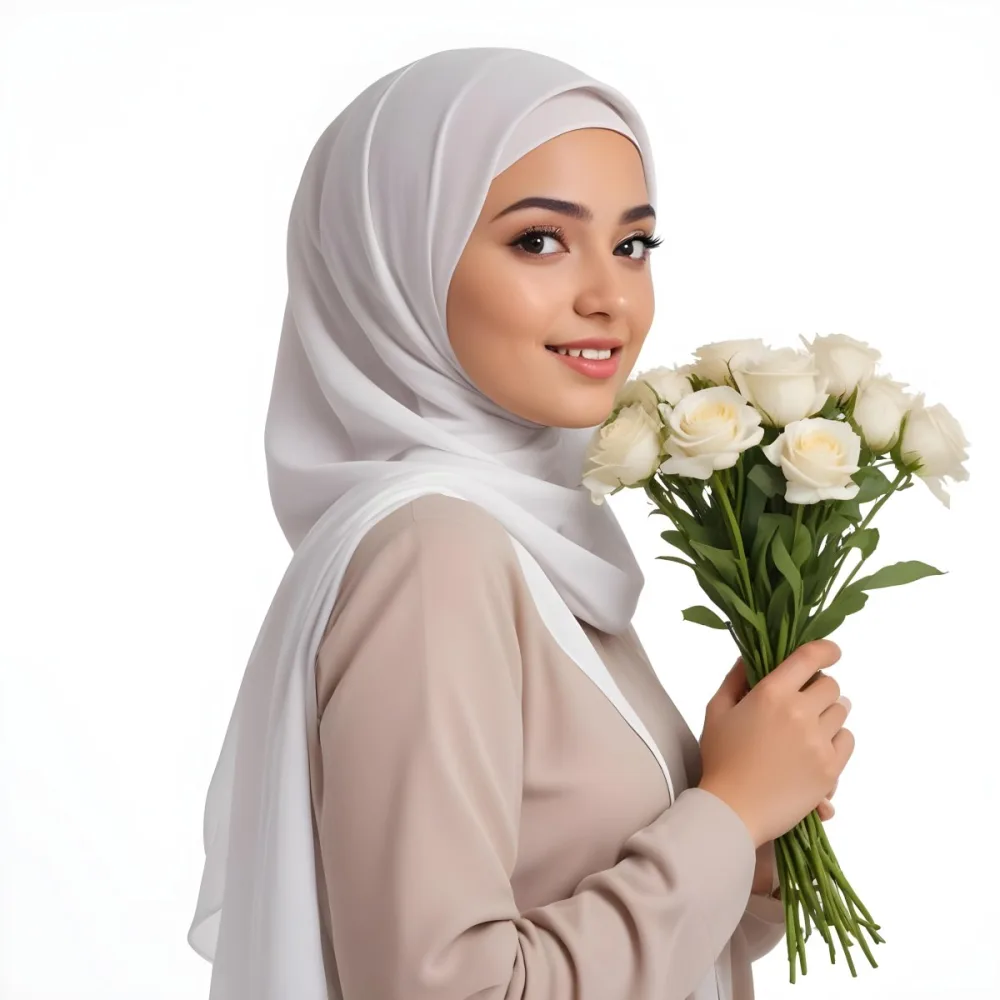 A Light Skinned Arab Woman Age 25 With A White Hijab Holding A Bouquet Of Flowers White Shirt In A White Background 18 F9d3