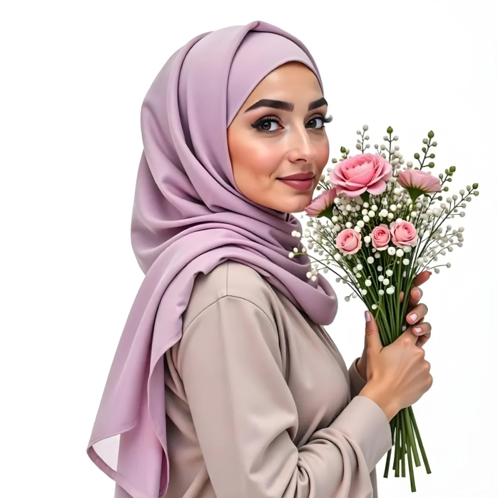 A Light Skinned Arab Woman Age 25 With A White Hijab Holding A Bouquet Of Flowers White Shirt In A White Background 2 9bc8