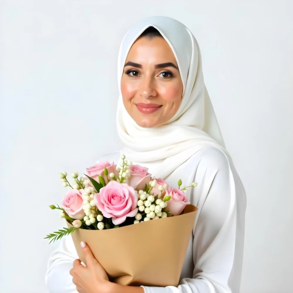 A Light Skinned Arab Woman Age 25 With A White Hijab Holding A Bouquet Of Flowers White Shirt In A White Background 21 745e