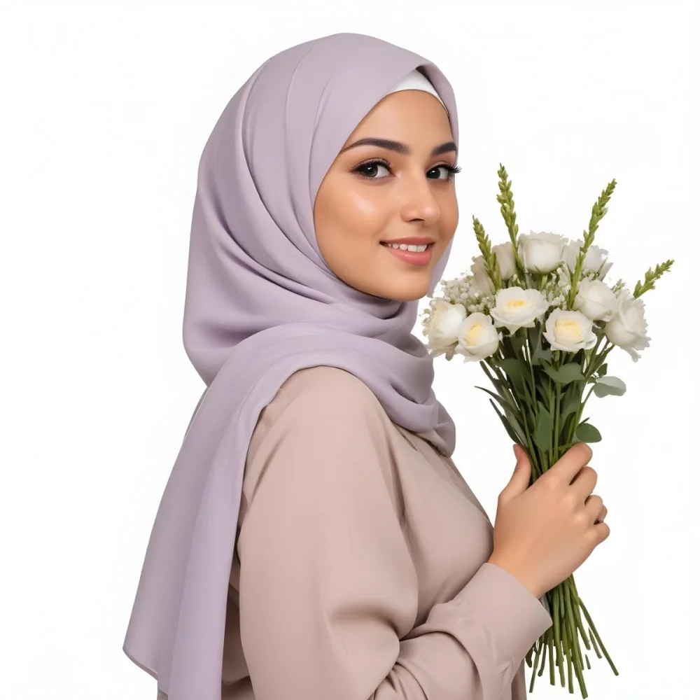 A Light Skinned Arab Woman Age 25 With A White Hijab Holding A Bouquet Of Flowers White Shirt In A White Background 23 952f