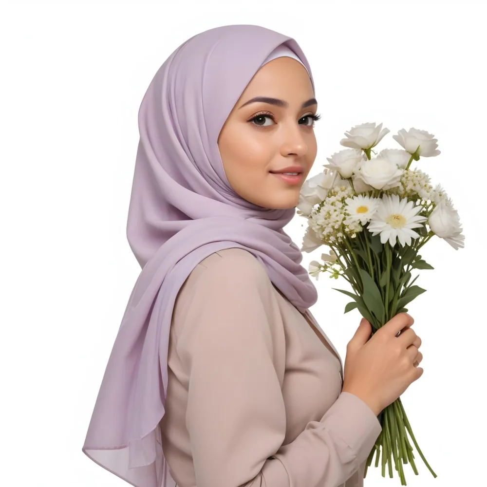 A Light Skinned Arab Woman Age 25 With A White Hijab Holding A Bouquet Of Flowers White Shirt In A White Background 25 Ce24