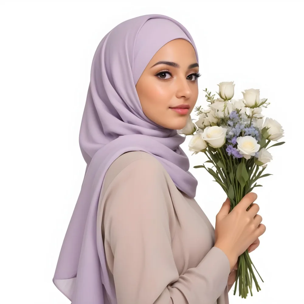 A Light Skinned Arab Woman Age 25 With A White Hijab Holding A Bouquet Of Flowers White Shirt In A White Background 27 Ec6e