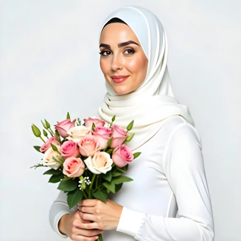 A Light Skinned Arab Woman Age 25 With A White Hijab Holding A Bouquet Of Flowers White Shirt In A White Background 30 9a38