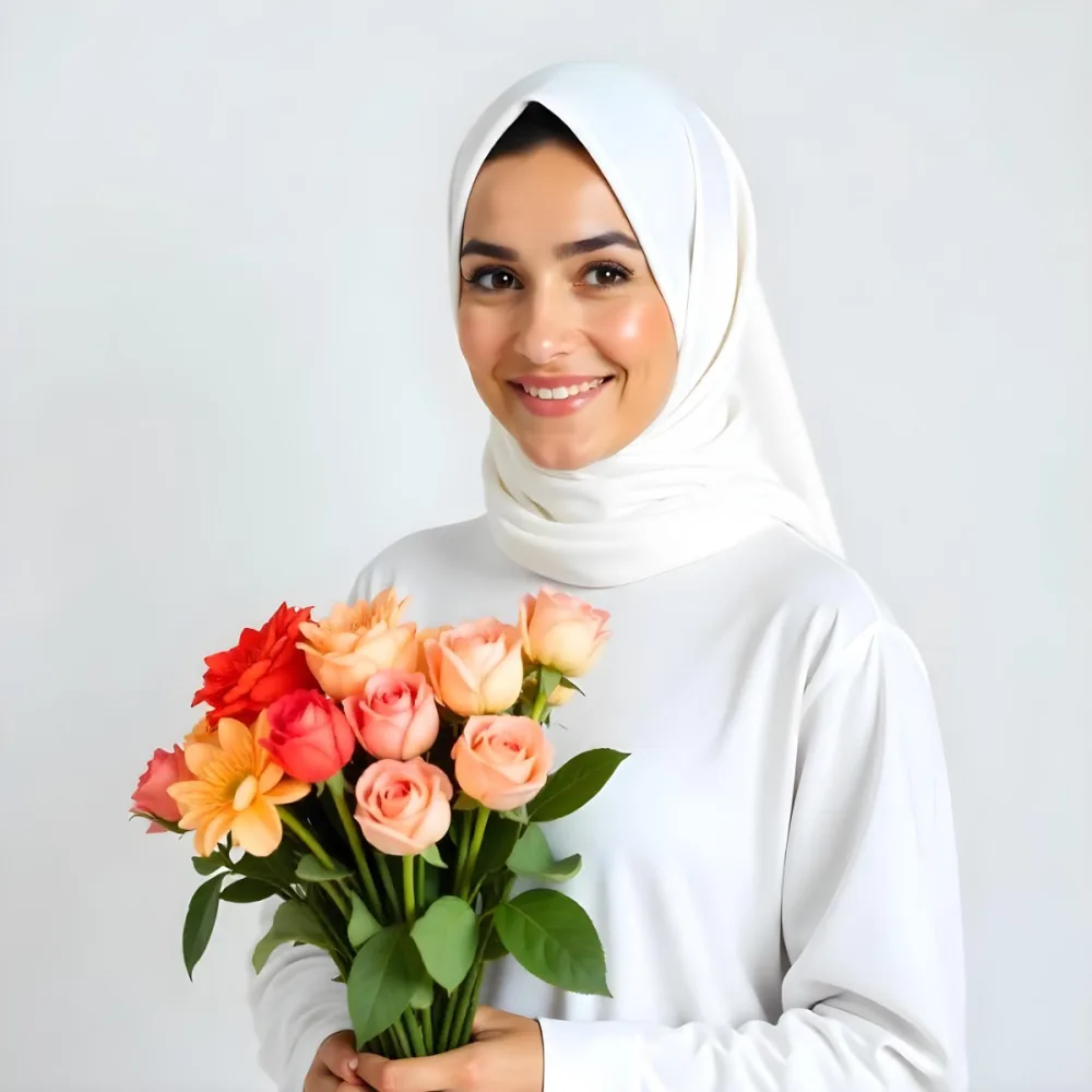 A Light Skinned Arab Woman Age 25 With A White Hijab Holding A Bouquet Of Flowers White Shirt In A White Background 32 D29d
