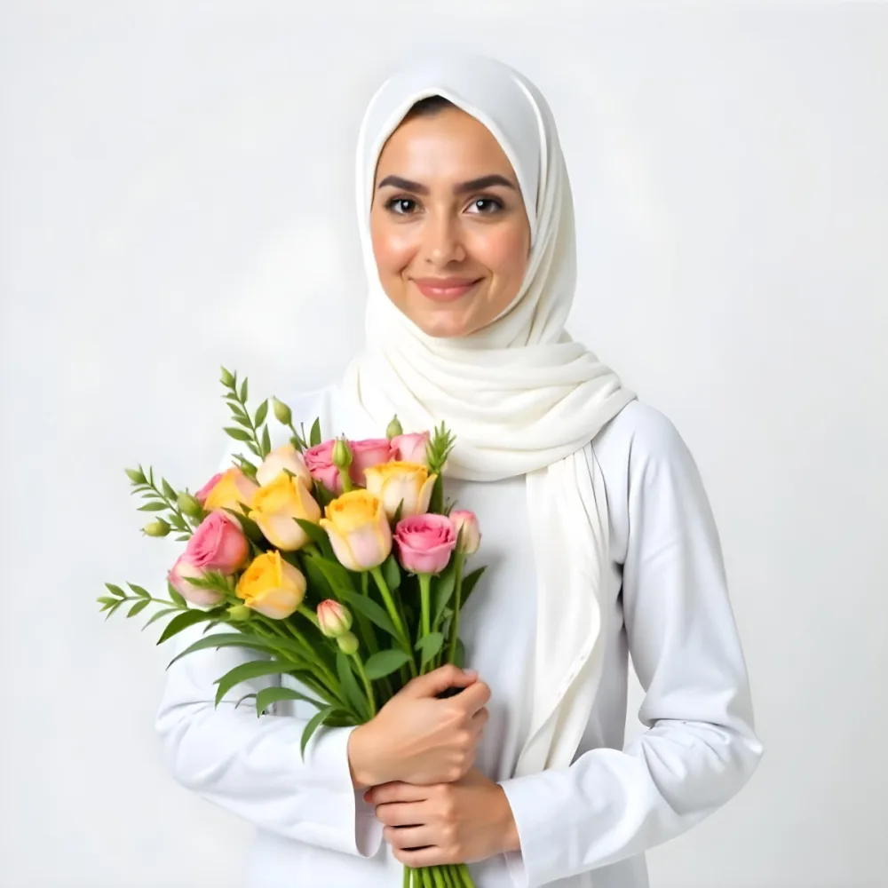 A Light Skinned Arab Woman Age 25 With A White Hijab Holding A Bouquet Of Flowers White Shirt In A White Background 34 8d30