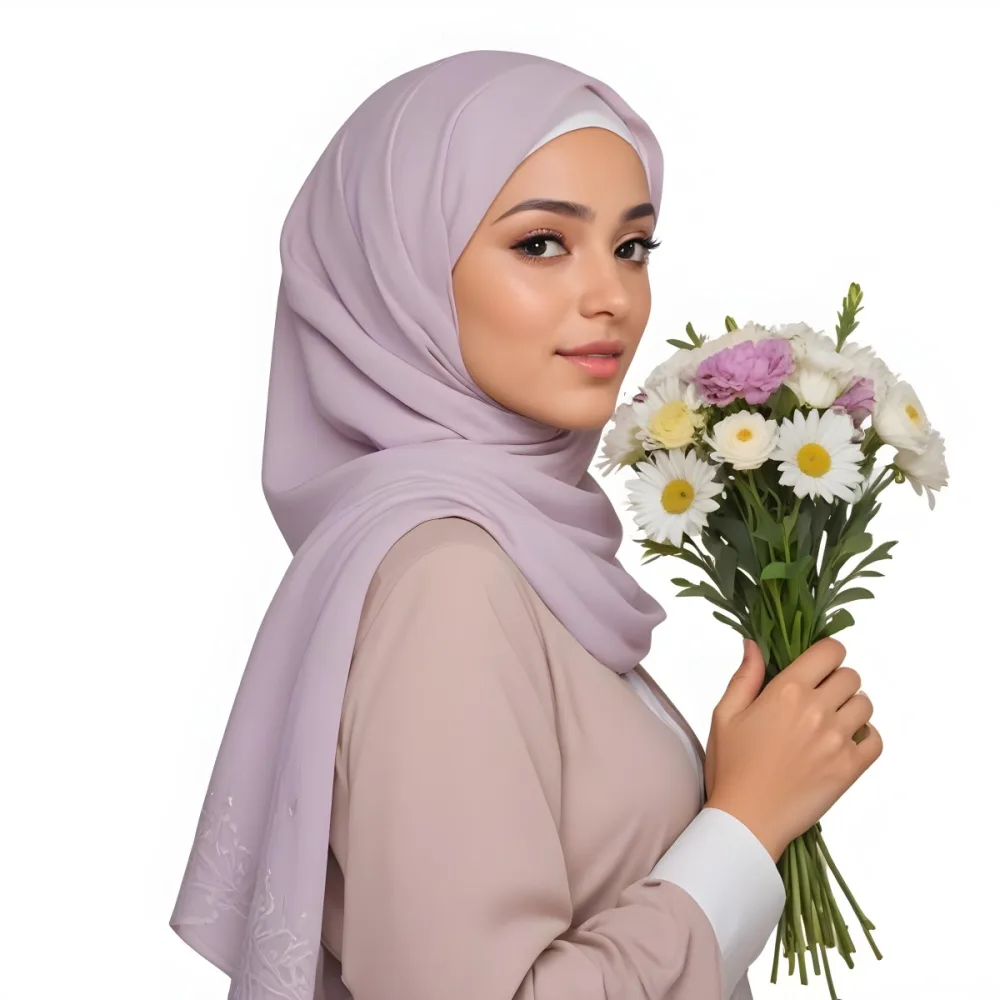 A Light Skinned Arab Woman Age 25 With A White Hijab Holding A Bouquet Of Flowers White Shirt In A White Background 36 Adcb