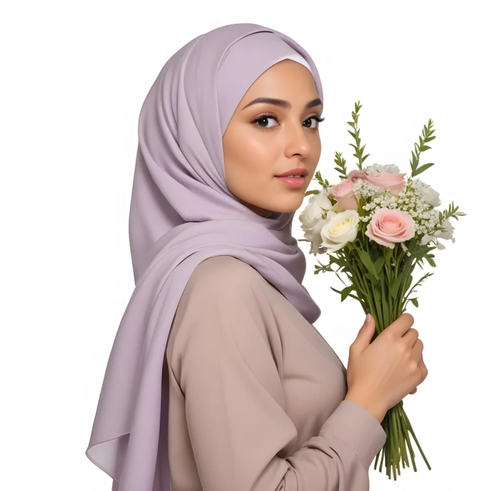 A Light Skinned Arab Woman Age 25 With A White Hijab Holding A Bouquet Of Flowers White Shirt In A White Background 39 3dcc