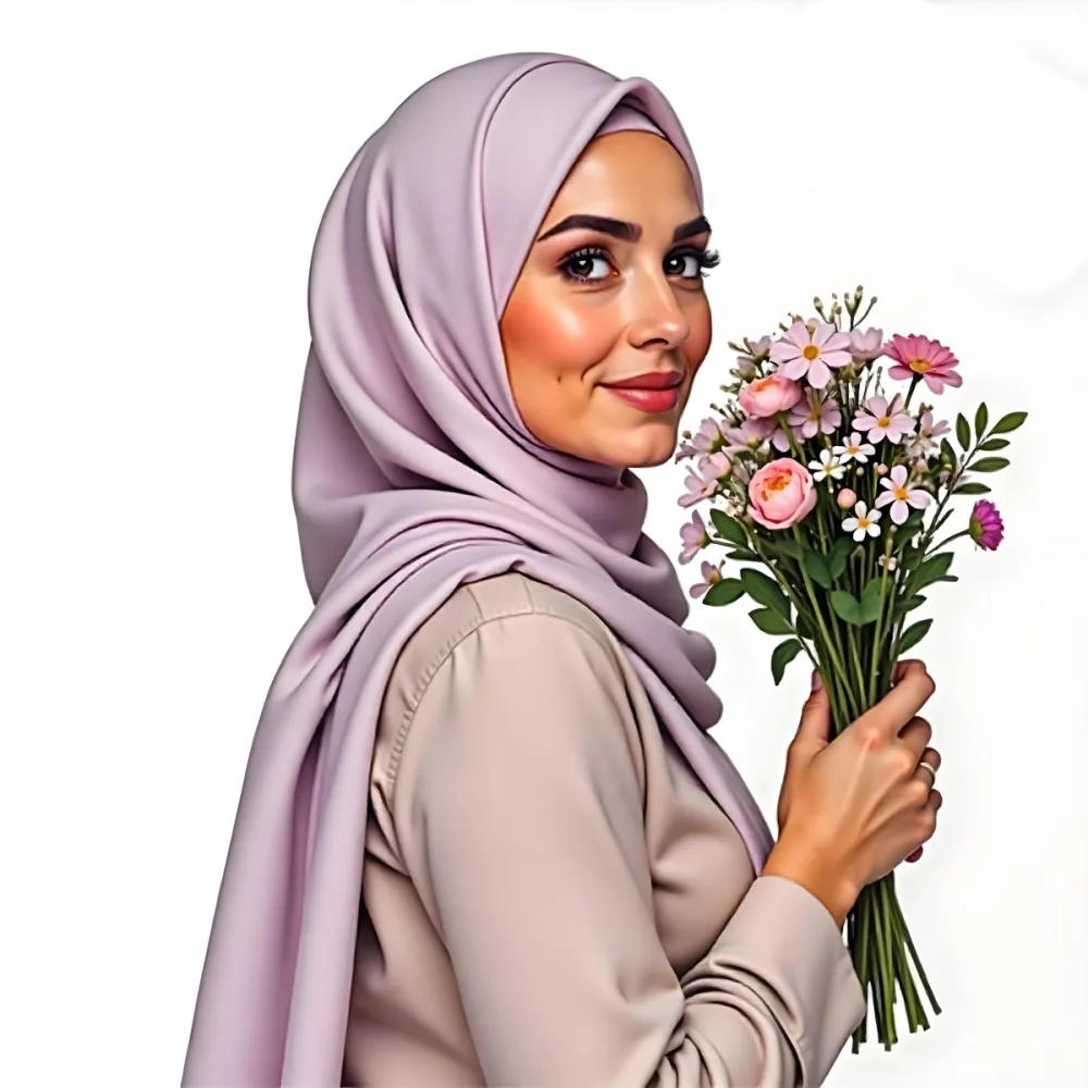 A Light Skinned Arab Woman Age 25 With A White Hijab Holding A Bouquet Of Flowers White Shirt In A White Background 4 7ec5