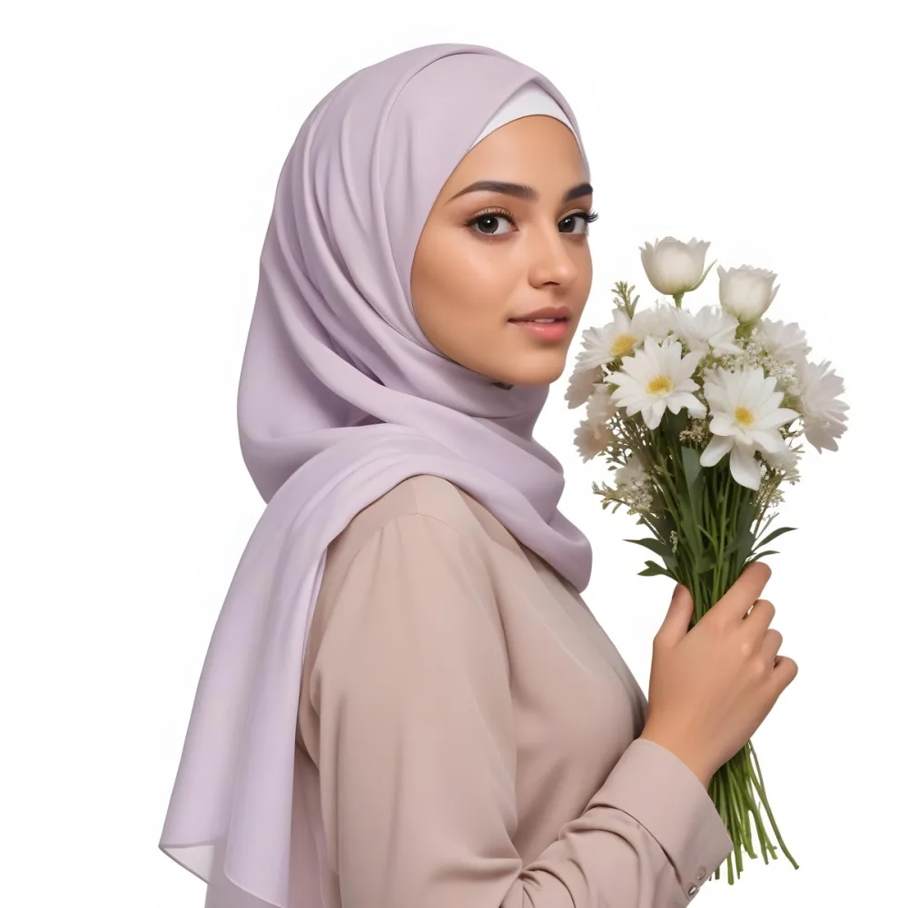 A Light Skinned Arab Woman Age 25 With A White Hijab Holding A Bouquet Of Flowers White Shirt In A White Background 40 748b