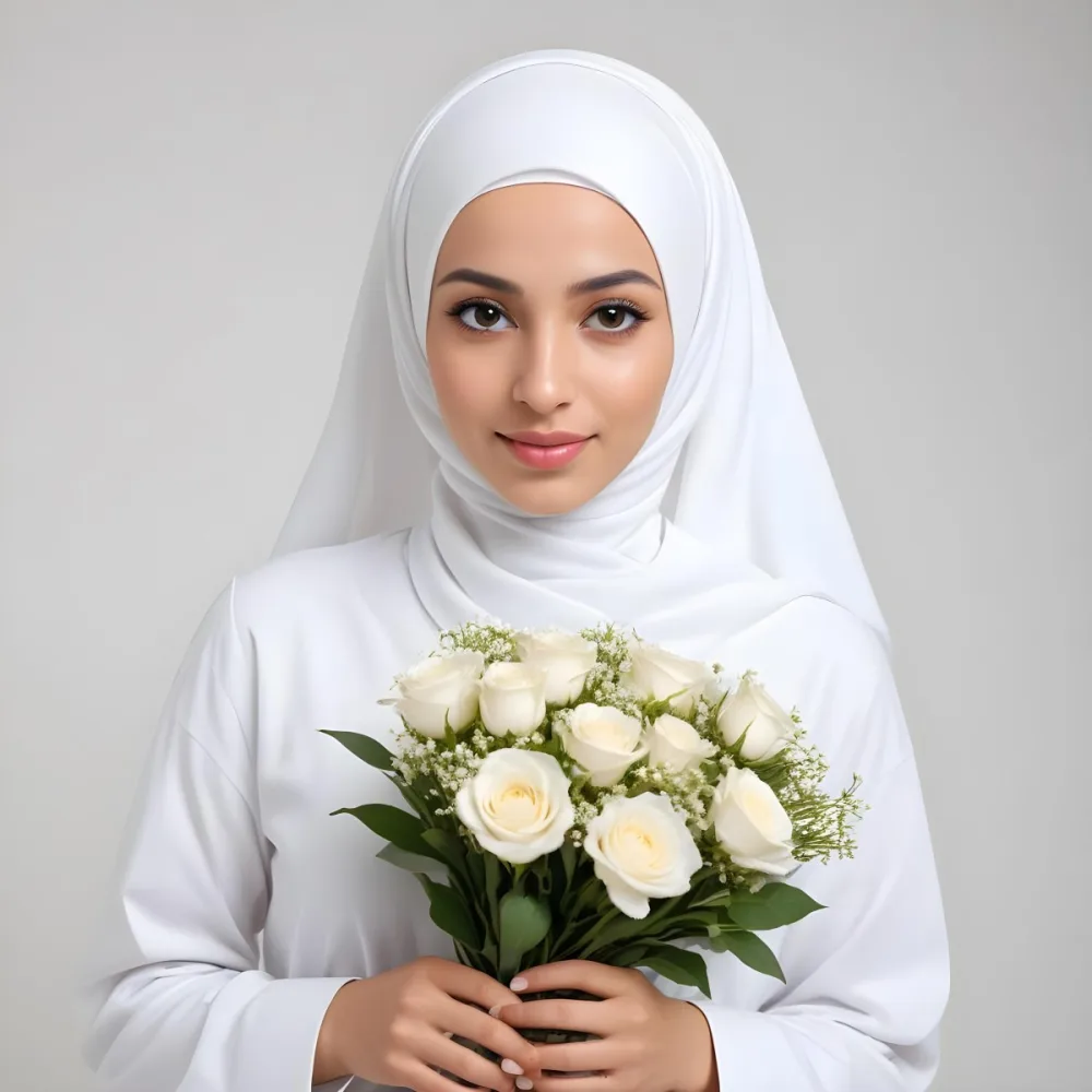 A Light Skinned Arab Woman Age 25 With A White Hijab Holding A Bouquet Of Flowers White Shirt In A White Background 42 43bb
