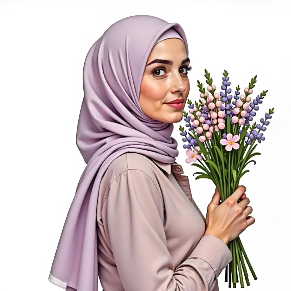 A Light Skinned Arab Woman Age 25 With A White Hijab Holding A Bouquet Of Flowers White Shirt In A White Background 6 B0a3