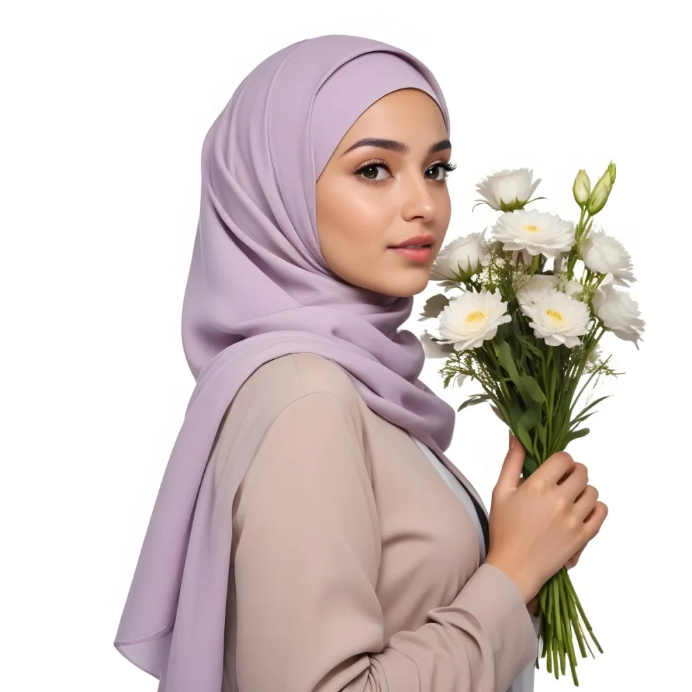 A Light Skinned Arab Woman Age 25 With A White Hijab Holding A Bouquet Of Flowers White Shirt In A White Background 7 9192