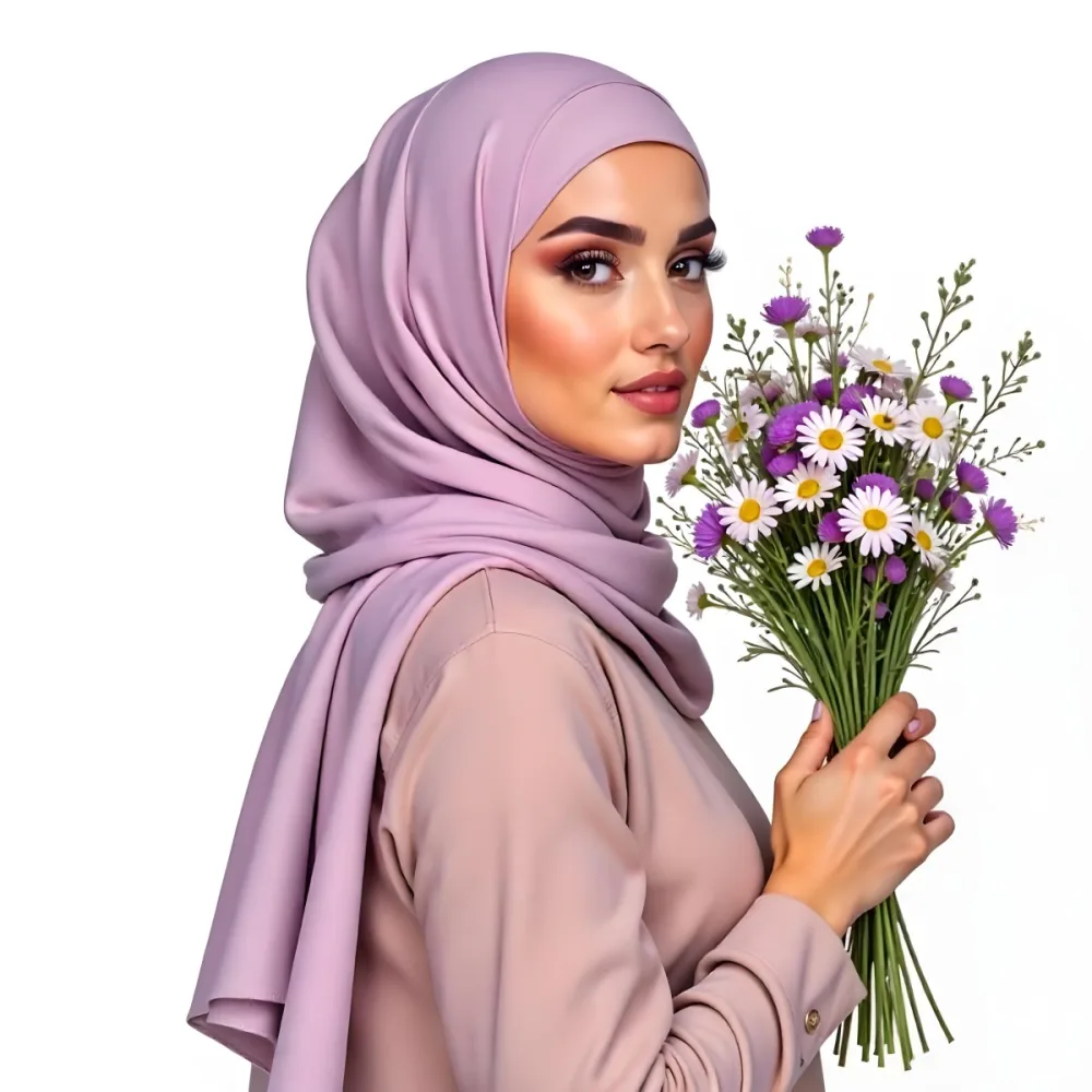 A Light Skinned Arab Woman Age 25 With A White Hijab Holding A Bouquet Of Flowers White Shirt In A White Background 8 5154