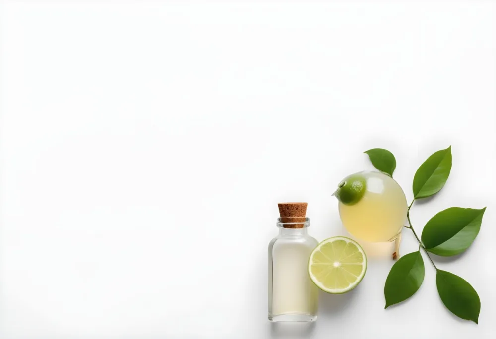 A Lime Slice Green Leaves And A Glass Bottle With Essential Oil On A White Background 10