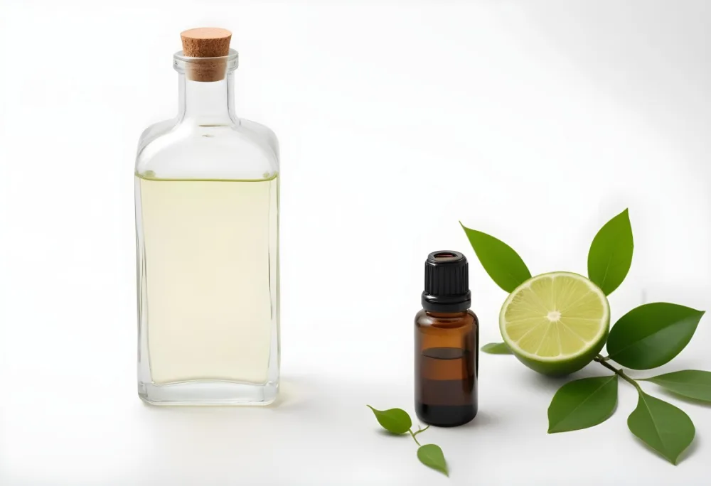 A Lime Slice Green Leaves And A Glass Bottle With Essential Oil On A White Background 11 A0d7